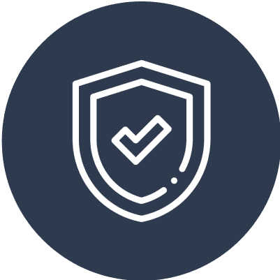 Shield icon with checkmark on dark background.