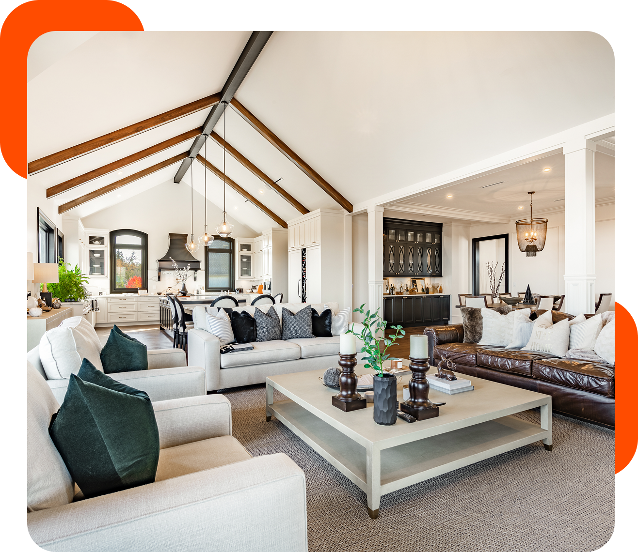 Spacious modern living room with vaulted ceiling.