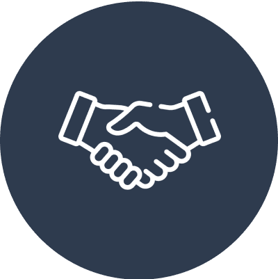 Handshake icon on a dark blue background.